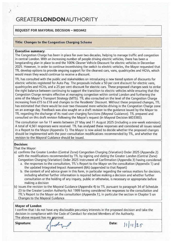 A formal document from the Greater London Authority titled "REQUEST FOR MAYORAL DECISION – MD3442: Changes to the Congestion Charging Scheme." The executive summary details proposals to reduce the electric vehicle discount (50% for vans, quadricycles, and HCVs, 25% for cars) to maintain traffic balance during the transition to electric vehicles. The decision confirms the Mayor's intention to implement the changes and issue a revised Mayoral Guidance. It is signed by the Mayor of London and dated 11/11/25.