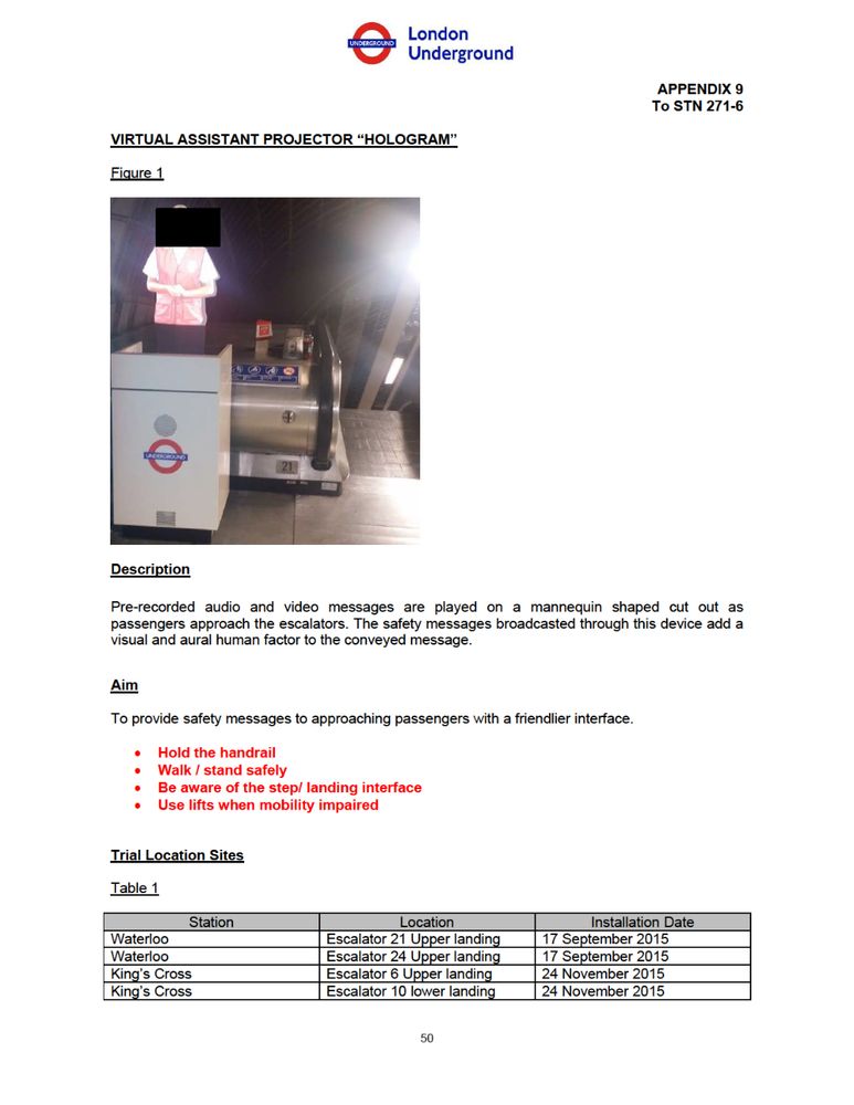 A document section, "APPENDIX 9 To STN 271-6," shows "Figure 1: VIRTUAL ASSISTANT PROJECTOR 'HOLOGRAM'." The image features a London Underground station escalator area with a projection box displaying a cutout mannequin (figure obscured) in uniform, offering safety messages. Below the image, text describes the device's function to broadcast pre-recorded audio/visual safety messages. A table lists trial locations and installation dates: Waterloo (Escalators 21 and 24 upper landing) on 17 September 2015, and King's Cross (Escalators 6 upper and 10 lower landing) on 24 November 2015.