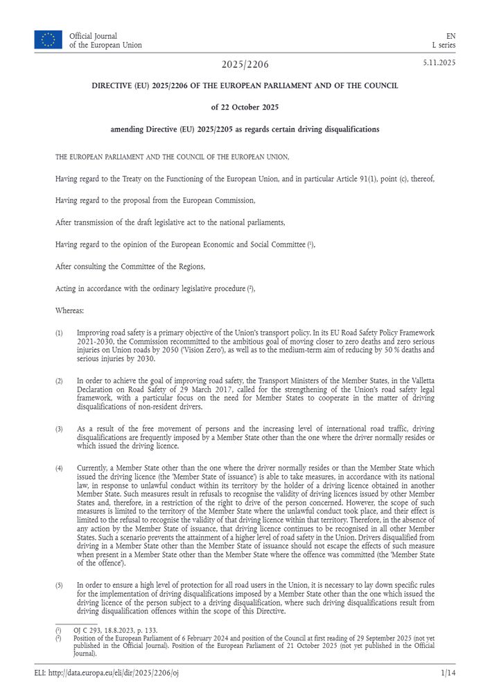 A page from the Official Journal of the European Union showing the title and preliminary text of Directive (EU) 2025/2206, which amends Directive (EU) 2025/2205 regarding driving disqualifications. The text includes 'Whereas' clauses relating to improving road safety and the mutual recognition of driving disqualifications across Member States.