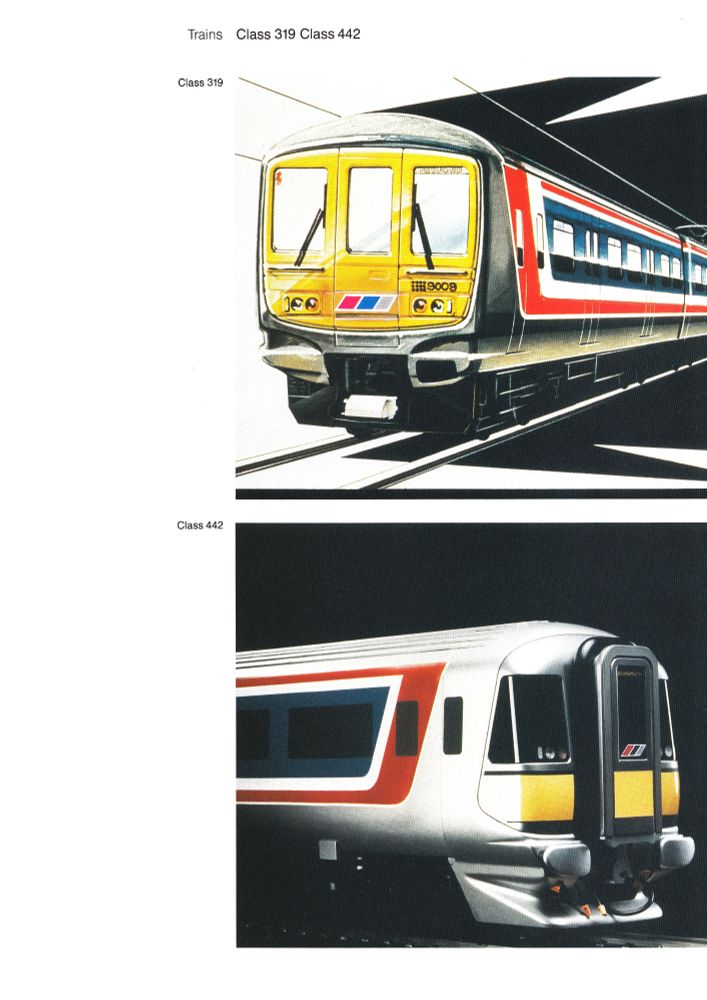 Illustration comparing the front ends of two British electric trains: the top image is a Class 319, and the bottom image is a Class 442.
