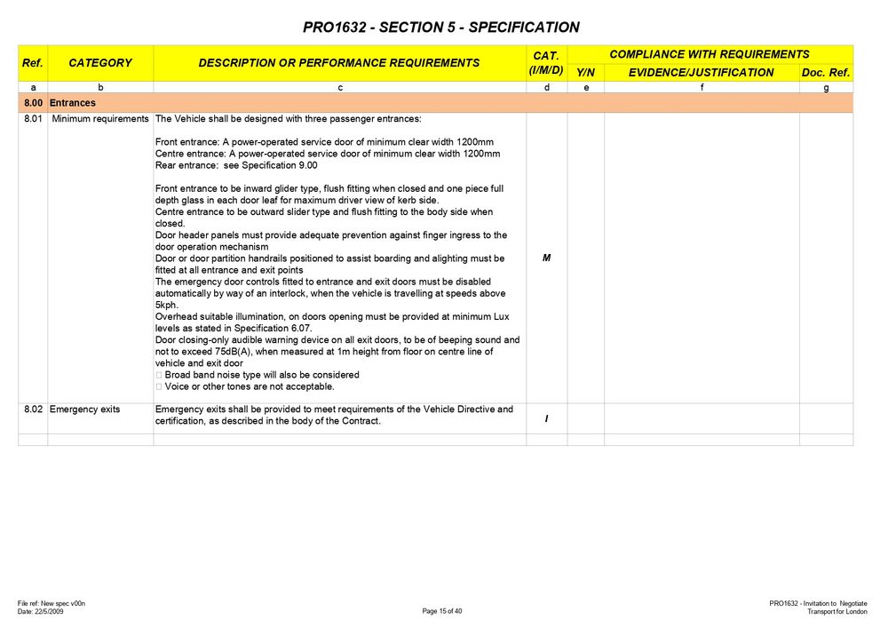 A table from a technical specification document (PRO1632 - Section 5) detailing requirements for bus entrances and emergency exits. Section 8.01 Entrances requires three passenger entrances: front (1200mm minimum clear width), centre (1200mm minimum clear width), and rear (per Specification 9.00). It specifies details for door operation, safety controls (disabling doors above 5kph), lighting, and a door-opening audible warning device with a maximum sound level of 85dB(A). Section 8.02 Emergency exits refers to meeting the requirements of the Vehicle Directive.