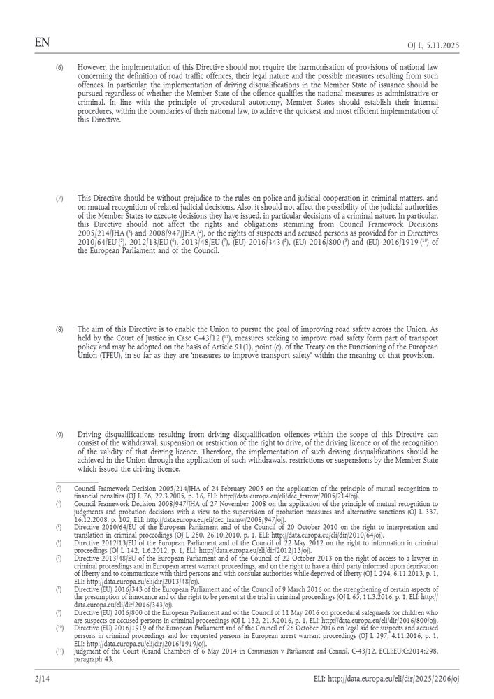 A second page of the Official Journal of the European Union detailing the rationale (Whereas clauses 6-9) for Directive (EU) 2025/2206 on driving disqualifications. The text focuses on the implementation of national traffic offences, the principle of mutual recognition of judicial decisions on criminal matters, and the suspension of prohibition measures related to driving offences.