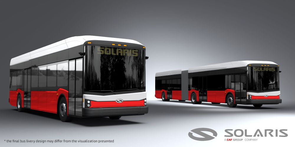 A digital rendering of two Solaris buses, one rigid (standard) and one articulated (bendy bus), featuring a white, and red livery, with the Solaris logo visible on the front and on the bottom right.