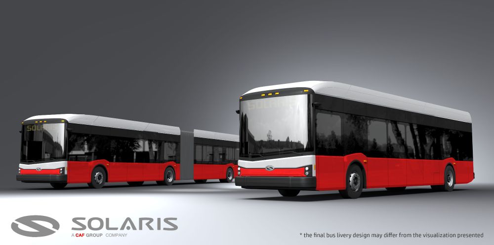 A digital rendering of two Solaris buses, one rigid (standard) in the foreground and one articulated (bendy bus) slightly behind it, both featuring a white, and red livery. The Solaris logo is visible in the lower left.