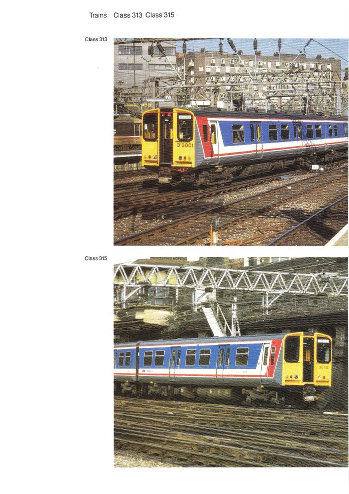 Two colour photographs of British electric multiple unit (EMU) trains are shown: the top image, labelled Class 313, features train number 313001 in blue, red, and white livery standing at a platform, and the bottom image, labelled Class 315, features train number 315823 in similar livery on tracks, both pictured under overhead electrical wires.