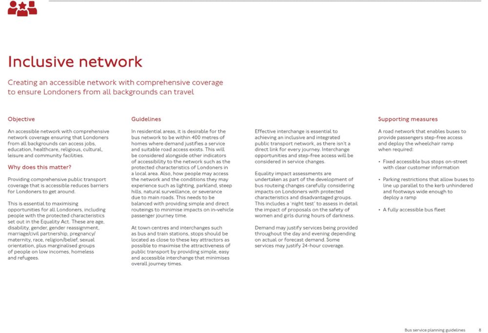 This document outlines the "Inclusive Network" objective for London's bus service planning, aiming to create an accessible network for all Londoners. It emphasises providing services within 400 metres of homes in areas with demand and suitable access, while considering accessibility for people with protected characteristics, access to connecting services, and environmental conditions. The plan highlights the need for step-free interchanges, particularly at town centres and transport hubs, with potential 24-hour operation based on demand. Supporting measures include improving infrastructure for accessible bus stops and ramps, alongside a fully accessible fleet. Equality impact assessments, including a "night test" for women's safety, ensure changes do not disproportionately affect vulnerable groups and maximise opportunities for all Londoners, including those with protected characteristics and marginalised groups.