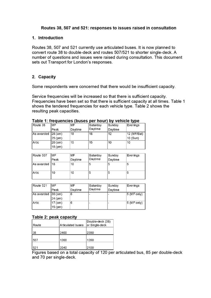 Document titled "Routes 38, 507 and 521: responses to issues raised in consultation," discussing plans to convert Route 38 from articulated to double-deck buses and Routes 507/521 to shorter single-deck buses, including tables showing the new scheduled frequencies (buses per hour) and peak capacity comparisons.