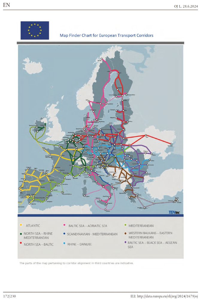 The image is a map titled "Map Finder Chart for European Transport Corridors," depicting the major transport corridors across Europe. Various coloured lines crisscross the continent, indicating different transport routes. The map covers regions from Scandinavia, Western to Eastern Europe, and parts of the Mediterranean. Each corridor is represented by a distinct colour, including yellow, green, red, blue, purple, pink, brown, and black. Key cities and geographical landmarks are marked along these routes. The map features a legend at the bottom, detailing the colours and names of each corridor, and an EU flag is displayed in the top left corner. The backdrop of the map is a light blue, representing the sea areas, while the land is shown in shades of beige and grey.