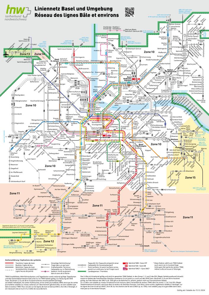 A geographically accurate map titled “Liniennetz Basel und Umgebung / Réseau des lignes Bâle et environs” (Line network of Basel and surrounding area) for the TNW (Tarifverbund Nordwestschweiz). The map shows the tram and bus routes in and around the city of Basel, Switzerland, distinguishing between day and night services. The network is colour-coded by line number, with lines 1 through 16 being the most prominent, some extending into surrounding zones (10, 11, 12, 13, 15). The map shows the border between Switzerland (Basel-Stadt, Basel-Landschaft), Germany (Weil am Rhein), and France (St. Louis). Various zones for the fare network are overlaid with coloured shading.