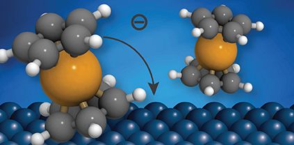 Two molecular structures with an orange core and surrounding atoms on a blue surface, showing electron transfer.