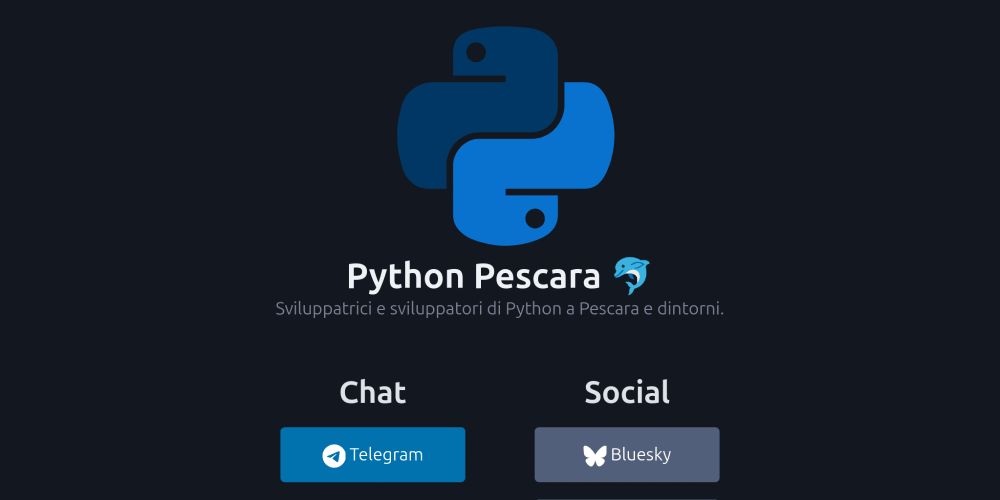Screenshot della parte iniziale della pagina web di Python Pescara in versione scura