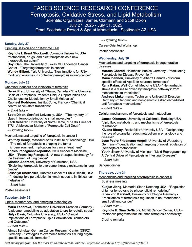 Schedule of speakers at the 2025 FASEB Ferroptosis conference