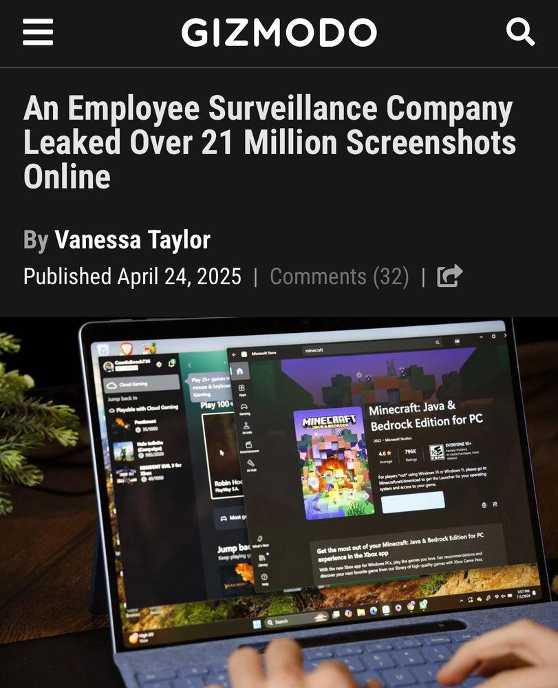 Gizmodo

An Employee Surveillance Company Leaked Over 21 Million Screenshots Online