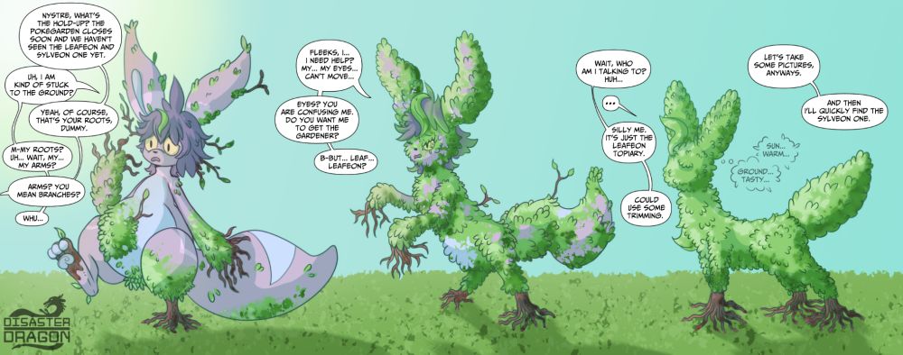 nystre jamcat turning into a Leafeon topiary in a park
