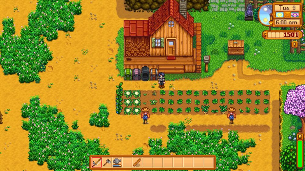 Image of Stardew Valley farm with three fully grown ancient seed crops (they take like 28 days to grow in game) but the top right date is the 9th of Spring (and of the game in the fresh save)