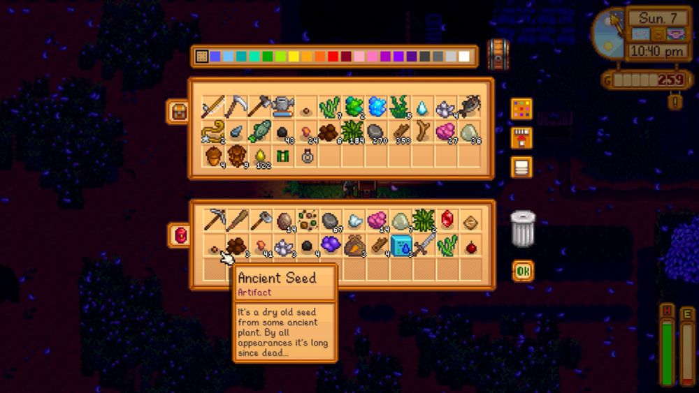 Image of Stardew Valley with a chest and inventory open. Two ancient seeds are visible, but the description is filled out on, indicating I've already donated a third one to the museum in game. The top right date is the 7th of Spring (end of first week in game).