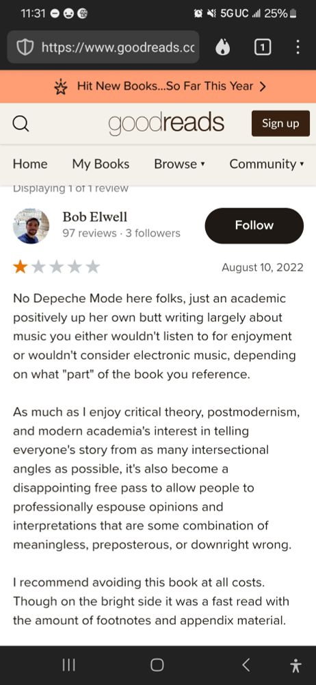 A good reads love you by popular stating"no Depeche mode here folks, just an academic positively upper own butt writing largely about music you either wouldn't listen to for enjoyment or wouldn't consider electronic music, depending on what part of the book he reference. As much as I enjoy critical theory, postmodernism, and modern academia is interest telling everyone's story from as many intersectional angles as possible, it's also become a disappointing free past to allow people to professionally spouse opinions and interpretations that are some combination of meaningless, preposterous, or Don right wrong. I recommend avoiding this book at all costs. The one the bright side it was a fast read with the amount of footnotes and appendix material.
