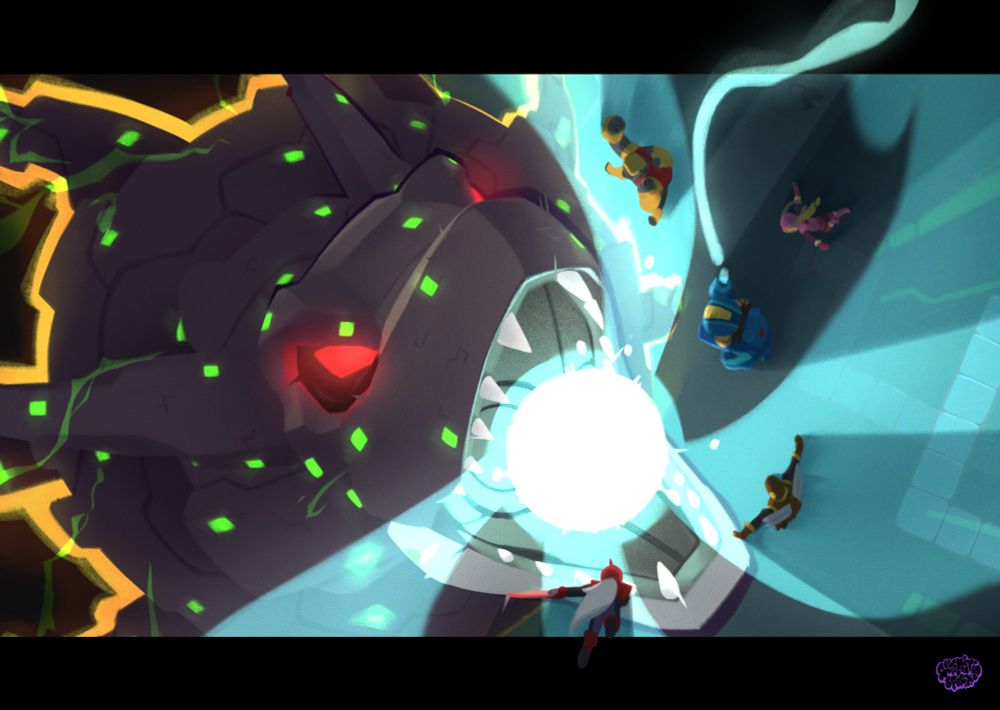 Multibug organism Gospel facing the camera charges an energy breath attack as megaman.exe and crew descend upon it.