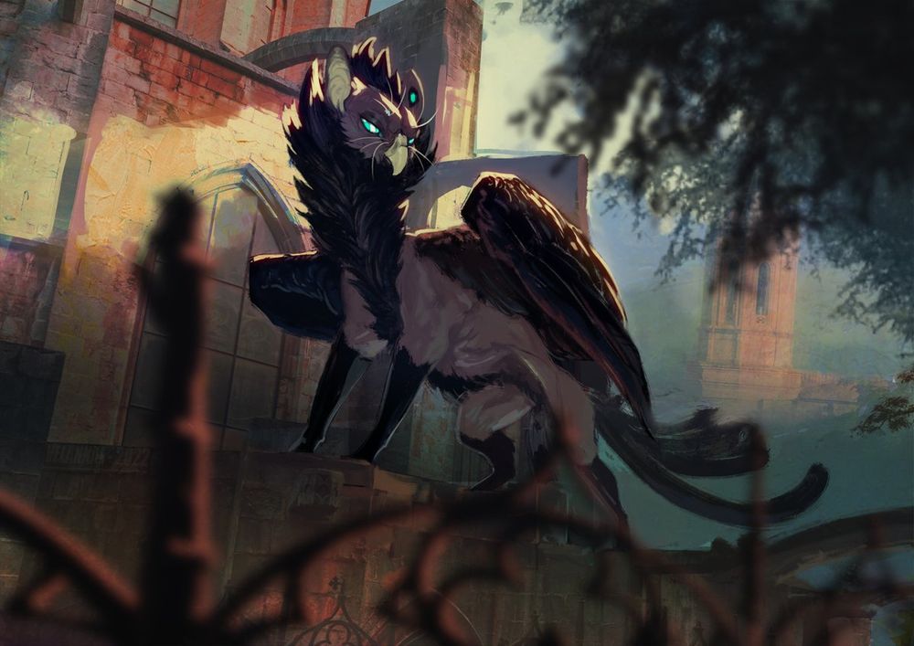 Personal character, black and grey gryphon with an evil spiky mane and blue eyes standing atop of a stone fence looking smug.