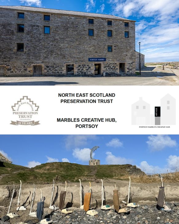 Photo of a building with small sign saying Portsoy marble, then writing saying North East Scotland Preservation Trust, then Marbles Creative Hub Portsoy, and the logo of the Trust. Then a photo of old hoovers on the beach below a small hill with a building on top.