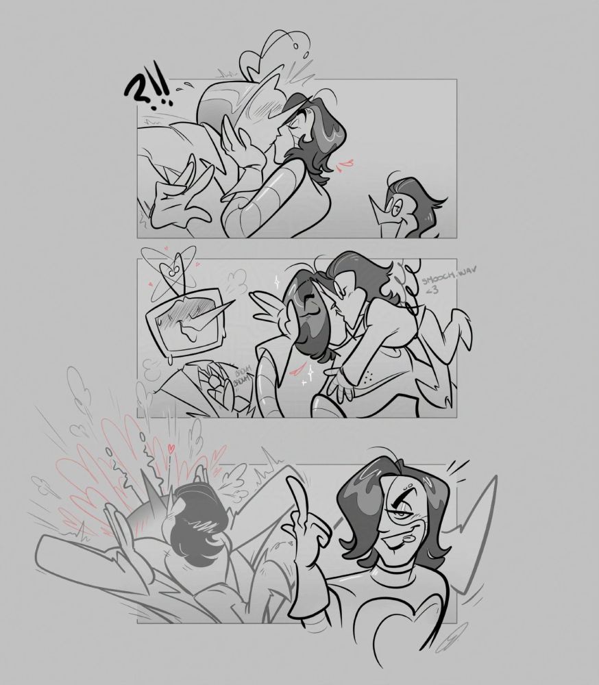 Mettaton kisses Tenna with a smug Spamton nearby - Mettaton kisses Spamton with a flustered Tenna - Spamton kisses Tenna who almost explodes from all the love while Mettaton flips everyone off
