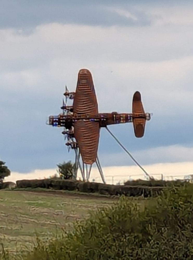 A closer view of On Freedom's Wings, a full-size sculpture of a Lancaster bomber unveiled this month in Lincolnshire, UK. The sculpture is supported be a number of bracing structures to mimic a flying attitude. 