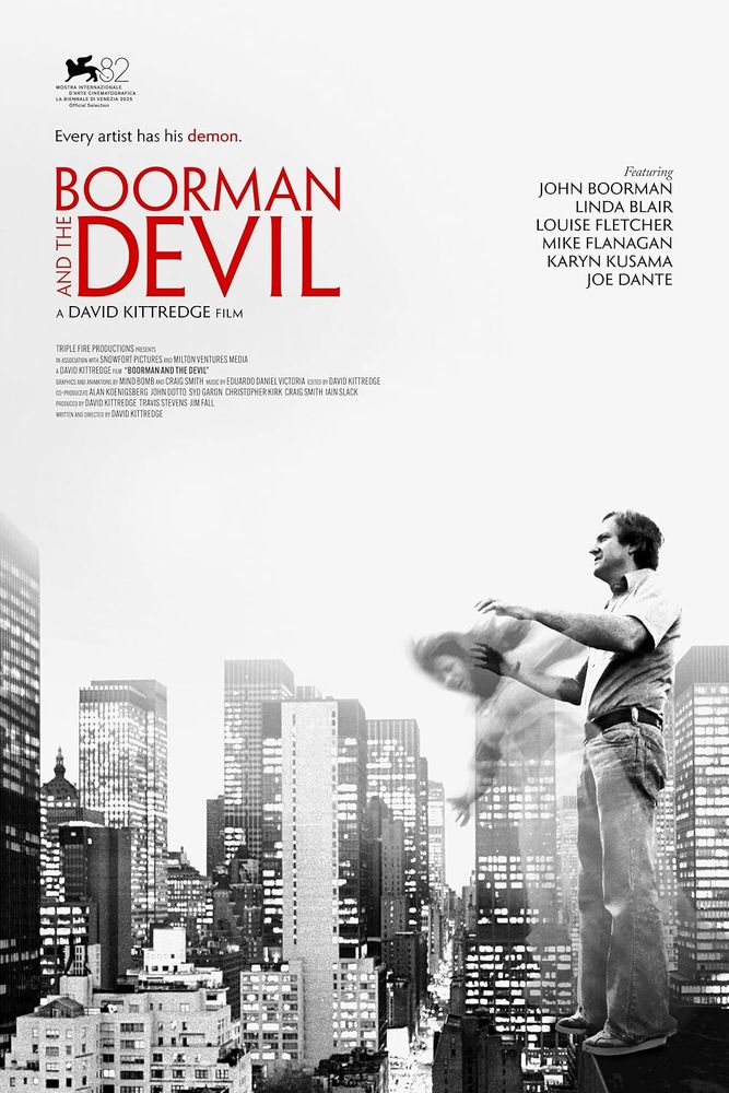 John Boorman stands on a precipice and a ghostly Linda Blair seems to be on the verge of a fall in the poster for David Kittredge’s BOORMAN AND THE DEVIL (2025).