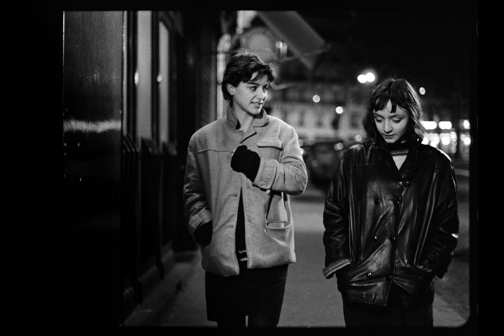 Pascale Salkin and Maria de Medeiros in a still from Chantal Akerman’s black-and-white I’M HUNGRY, I’M COLD (1984).