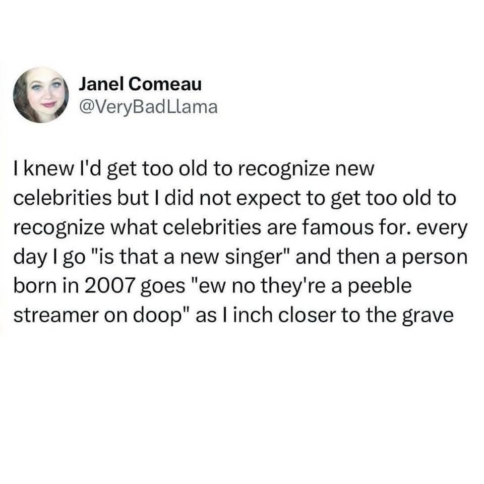 A tweet from @VeryBadLlama:

I knew l'd get too old to recognize new celebrities but I did not expect to get too old to recognize what celebrities are famous for. every day I go "is that a new singer" and then a person born in 2007 goes "ew no they're a peeble streamer on doop" as l inch closer to the grave