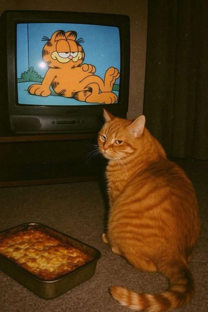 A fat orange cat, looking scornfully over his left shoulder at someone off-camera in front of a TV displaying an image of Garfield. Someone had placed a pan of lasagna next to him.