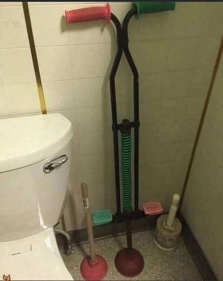 A toilet. Next to it is an ordinary plunger, and next to that is a pogo stick with a plunger cup on the bottom end of it. 