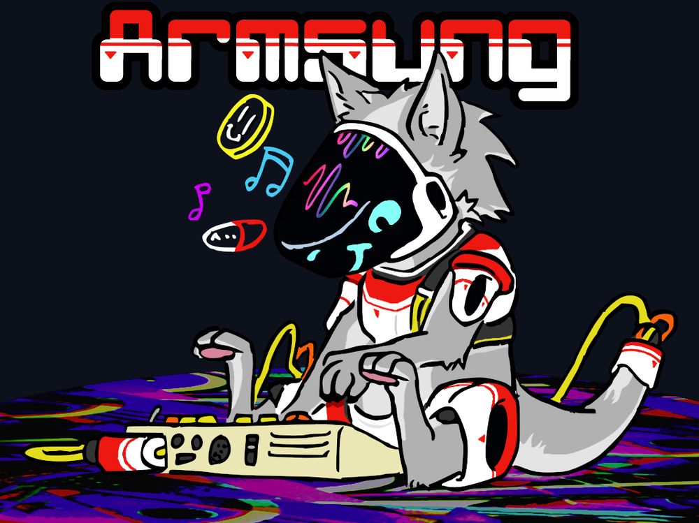 Picture depicts a protogen, named Armsung. Light-gray fur, white armor plates with red accents and trim, and a visor that displays clue facial features. They are sat on a colorful carpet, their tail is plugged into the audio-out port of a Roland TR-303 drum machine. Neon graphics and multicolor equalizer display suggest they're jamming out to eighties acid house music.