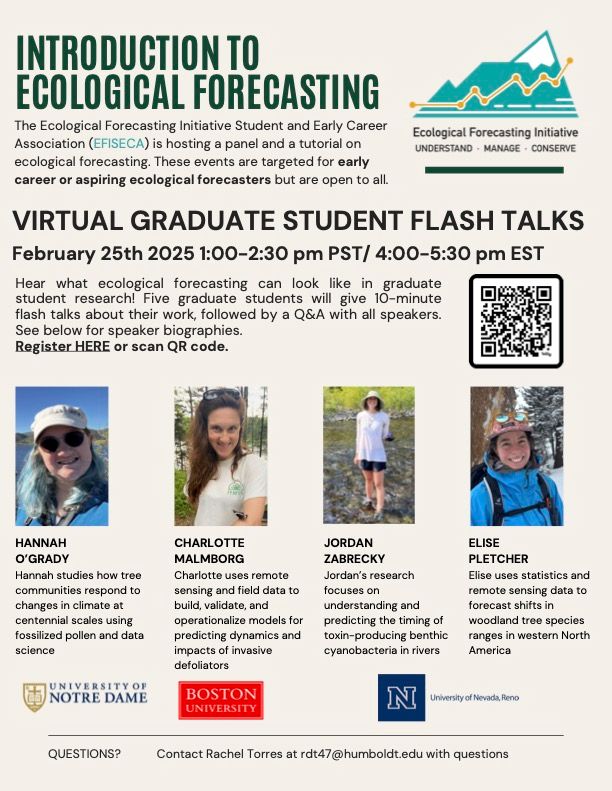 Flyer about virtual graduate student flash talks hosted by the ecological forecasting initiative early career association. Talks are February 25th 2025, 1:00-2:30 PST. 