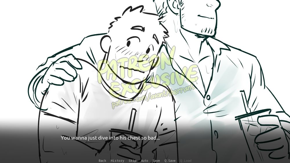 A teaser scene from the Visual Novel. Hector, with his face slightly out of frame, has his arm around the protagonist who looks bashful. They're both kinda sweaty and holding a plastic cup of iced tea. The dialogue reads: "You wanna just dive into his chest so bad..."