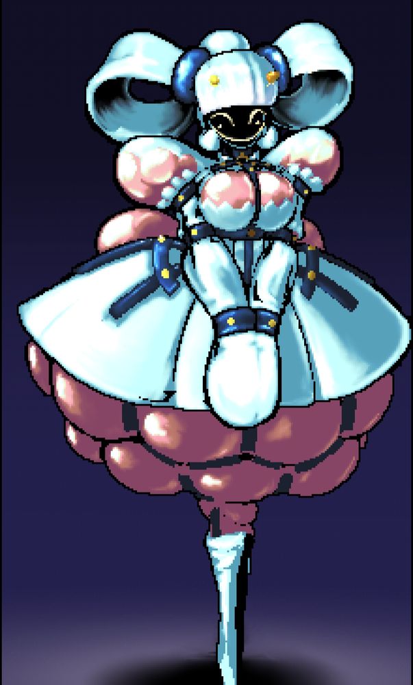 A chromed bronze humanoid whose torso has been bound in a sleek cropped white dress. Various leather straps affix their arms and torso in place, while a large mass of bulbous intestinal/tail mass is similarly bound beneath the dress. Her face is a blank black screen, showing only a jagged grin approximating some expression of sweetness. Her hair cascades out into two long strands that are tied in a knot behind her, while her tail is pressed into a singular, sleek white boot. 