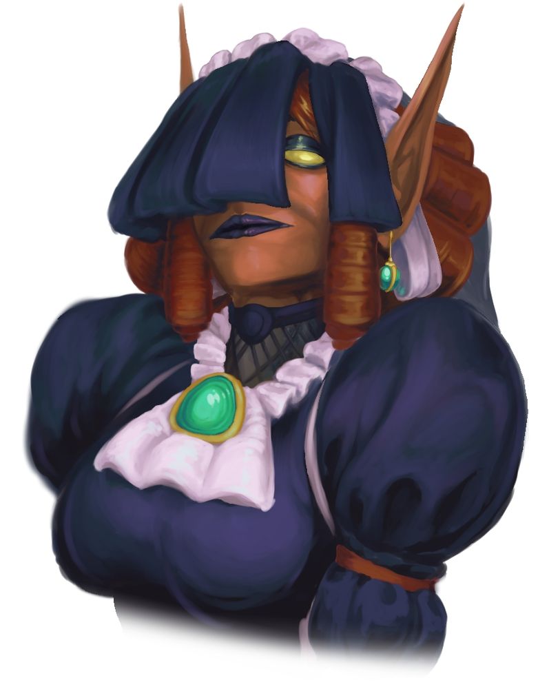 A dark skinned elf with copper hair. She is dressed in a dark navy servant's uniform, complete with a black veil and white headband. A single solid-yellow eye glares disdainfully from a slit in the veil. Drawn in the style of the Pathfinder NPCs from the Paizo adventure module, Prey for Death.