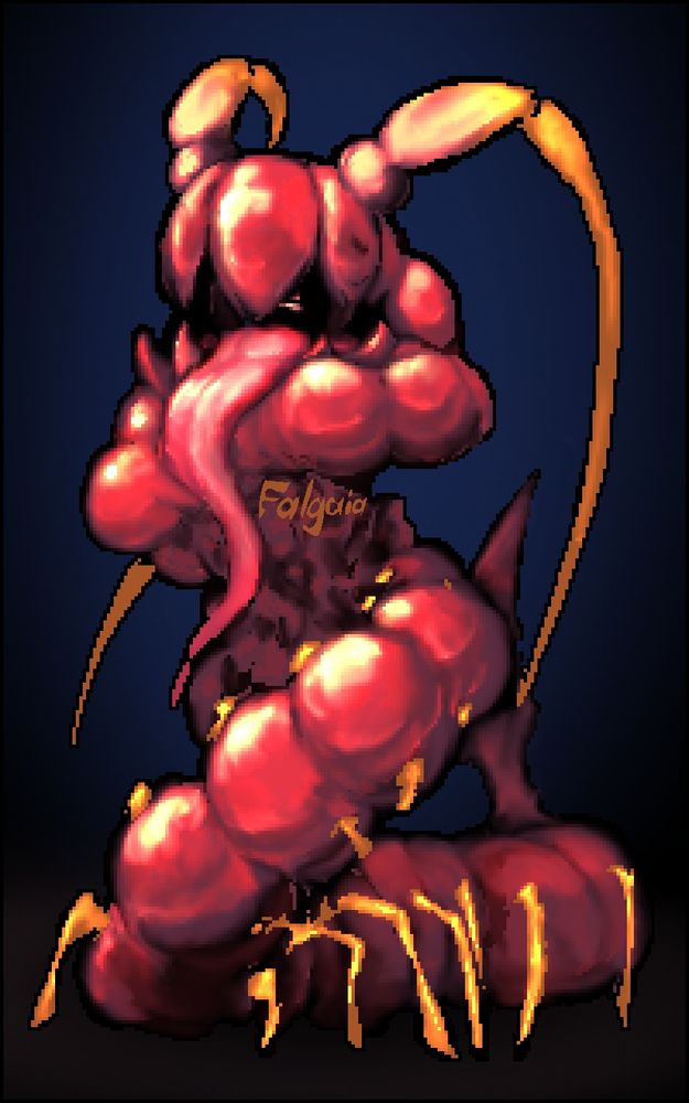 Penny, natural form. A large blood-red centipede-esque creature inspired by an anatomical model of a large intestine whose head terminates in an open jaw, from which dangles an assortment of viscera and organs its body is coiled around. Two centipede-esque antenna angle from atop its head, while an assortment of yellow legs carry its lower segments. 