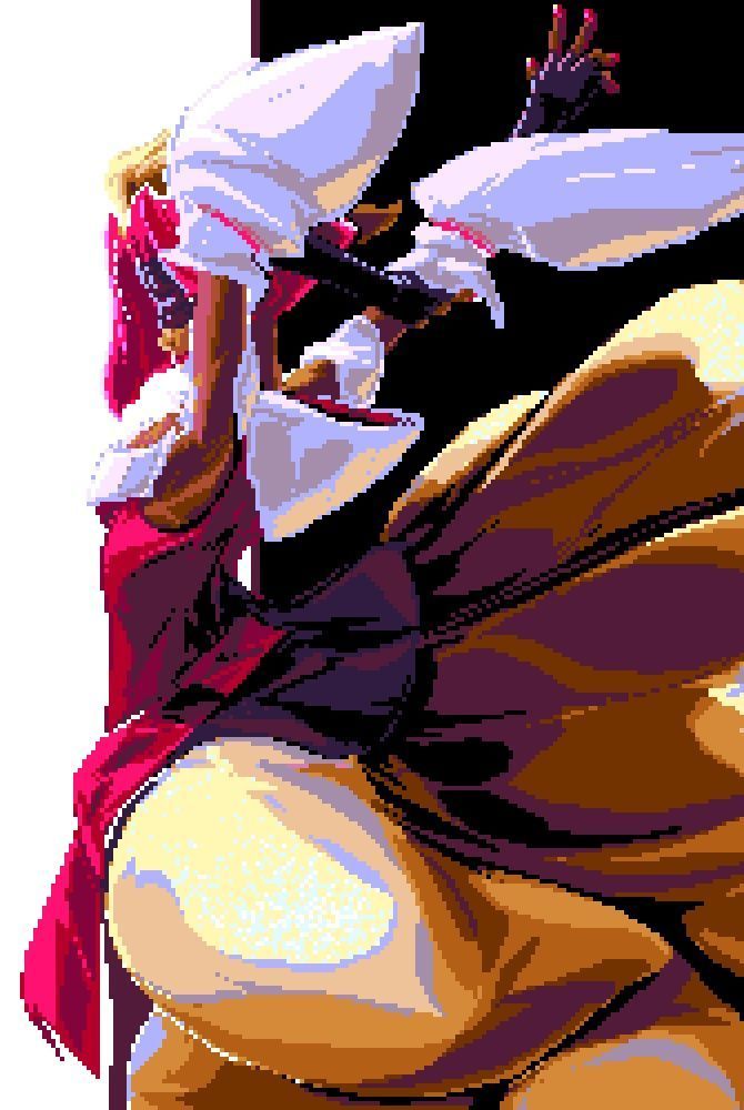 Pixelart rendering of Phoebe (Original Character), my blind kitsune hedonist. She is grinning to the side as she gives a broad stretch, tails splayed behind her. Used as an eyepatch for the post.