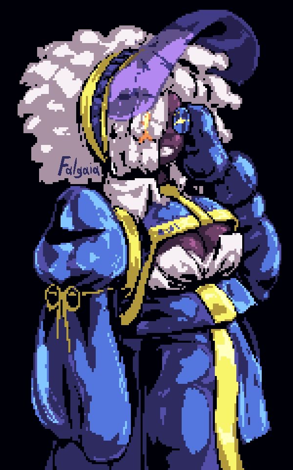 A dark-skinned woman wearing a thick blue-and-yellow canvas coat with white hair. A glow can be faintly seen behind her hair while she smiles, her visible eye covered by a circular lens.