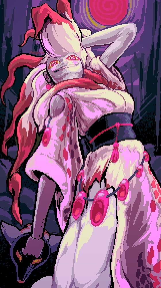 Hisuian-Zoroark inspired Hex Maniac, originally conceived last year but it took until this year for me to find a good composition for them. Hisuian Hex Maniacs spread their mania through the proliferation of cursed baneful fox masks, originally created by disguised Zoroark. Accordingly, some credit their existence as an early form of the Veiled Cults.