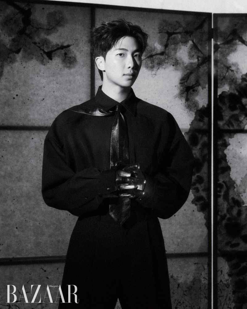 Namjoon wearing all black Bottega Veneta fit (including leather gloves) for Harper’s Bazaar Korea. His hair is messy styled and his forehead is out, he’s so fucking hot I am gonna throw myself off the window