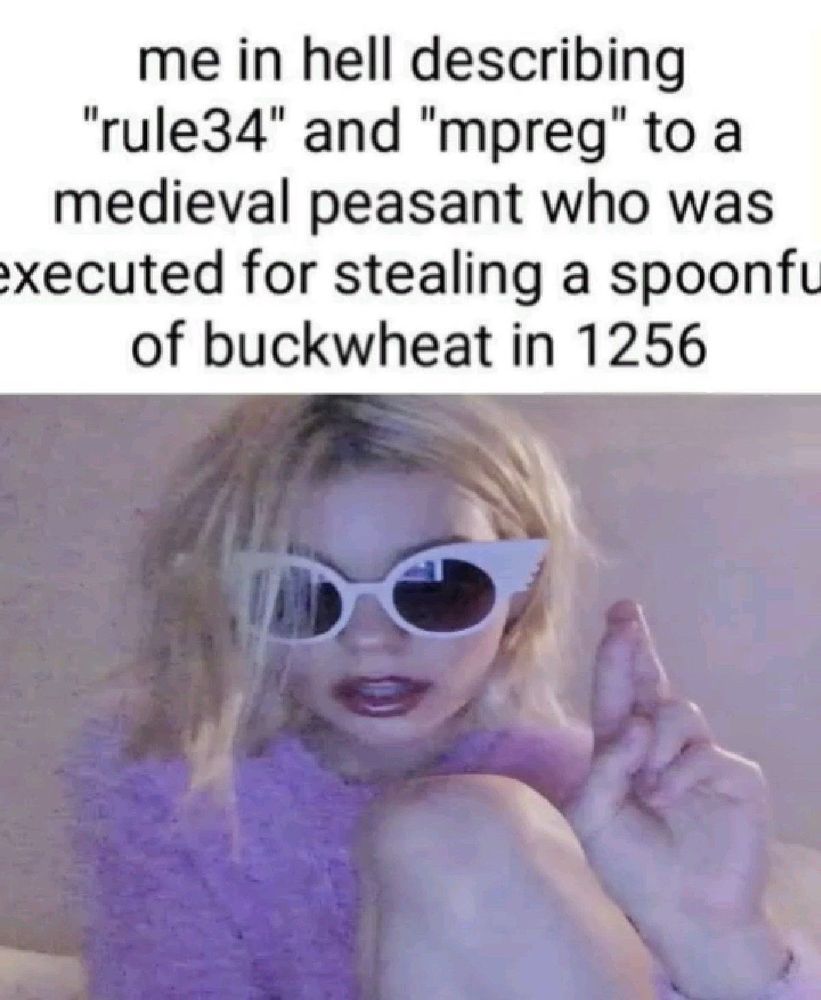 Me in hello describing "rule34" and "mpreg" to a medieval peasant who was executed for stealing a spoonful of buckwheat in 1256