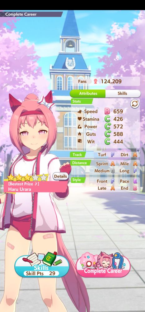 Haru Urara's stats
Speed 659
Stamina 426
Power 572
Guts 588
Wit 444