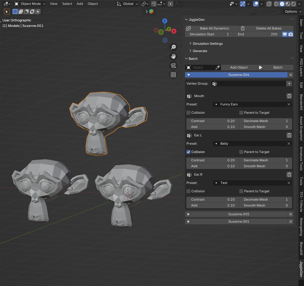 screenshot of a blender scene, showcasing three monkey heads and a side panel with usefull tools.