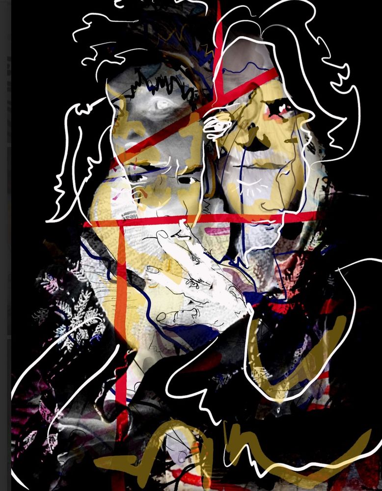 A digital drawing on black depicting a stern scowling face smoking a cigarette combined with a nervous and resolute face 
Lots of loose marks define this but the faces are mostly realistic 