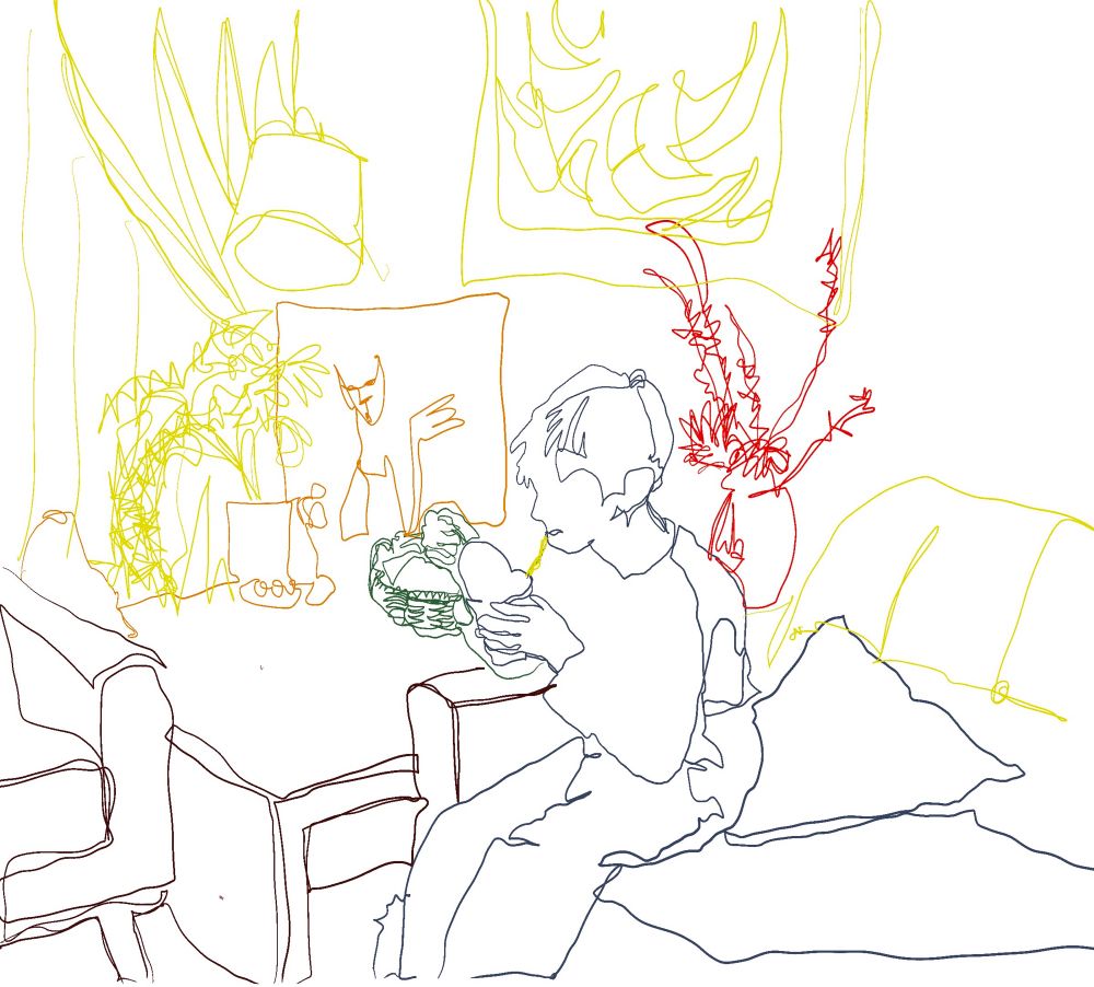 A single line drawing of a child with short hair sitting in a lounge room, on a couch eating a tub of noodles