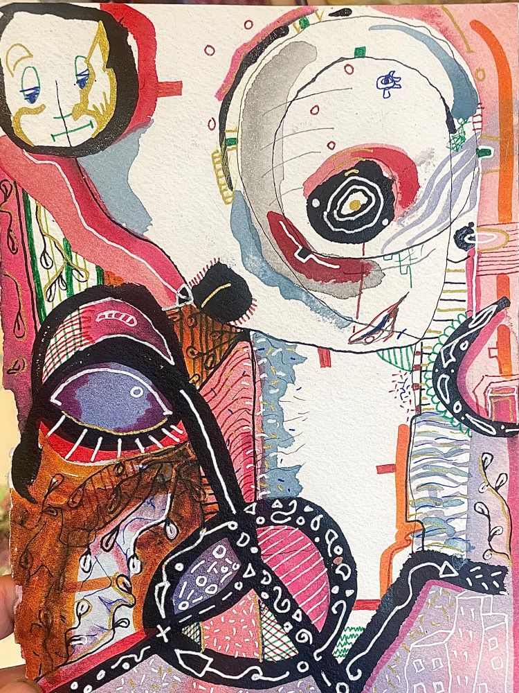 A highly abstract red and grey piece with the suggestion of a face

A5
$175