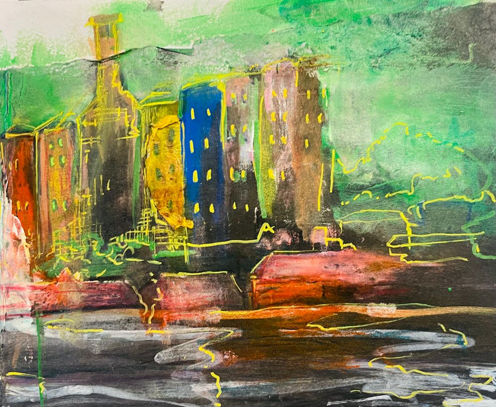 A scruffy suggestive landscape of tall coloured towers and squat red buildings on the edge of the water

A palm sized piece sold mounted and ready to be framed

$200 (ono/pay what you can) I love trade and barter too