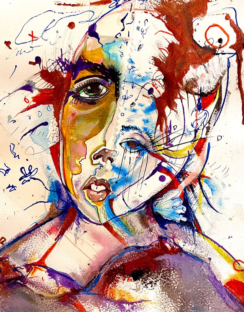 A bright yellow, blue and red piece of a distorted face with lopsided eyes and lush lips