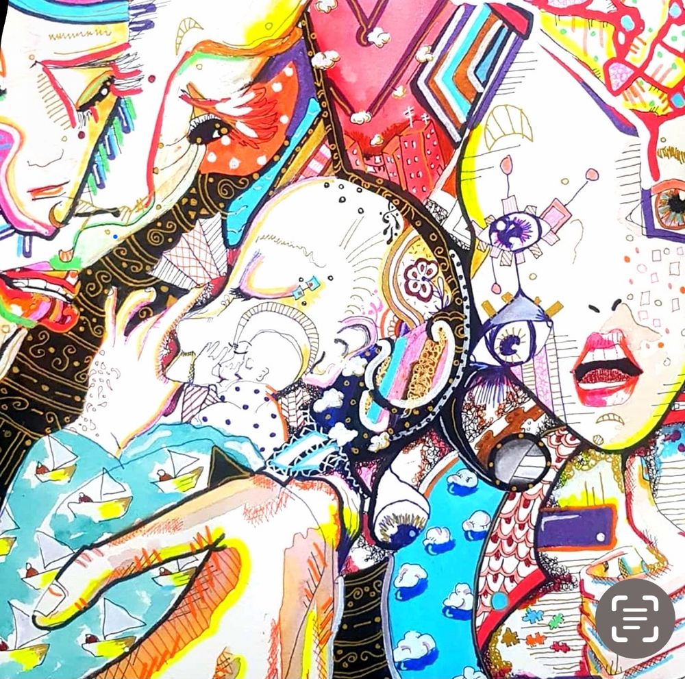 A colourful and chaotic very abstracted piece of a woman holding a baby close. The baby is sucking their thumb and too the right is a surprised face
The drawing includes motifs of cloud, puzzle pieces, and little sailing boats